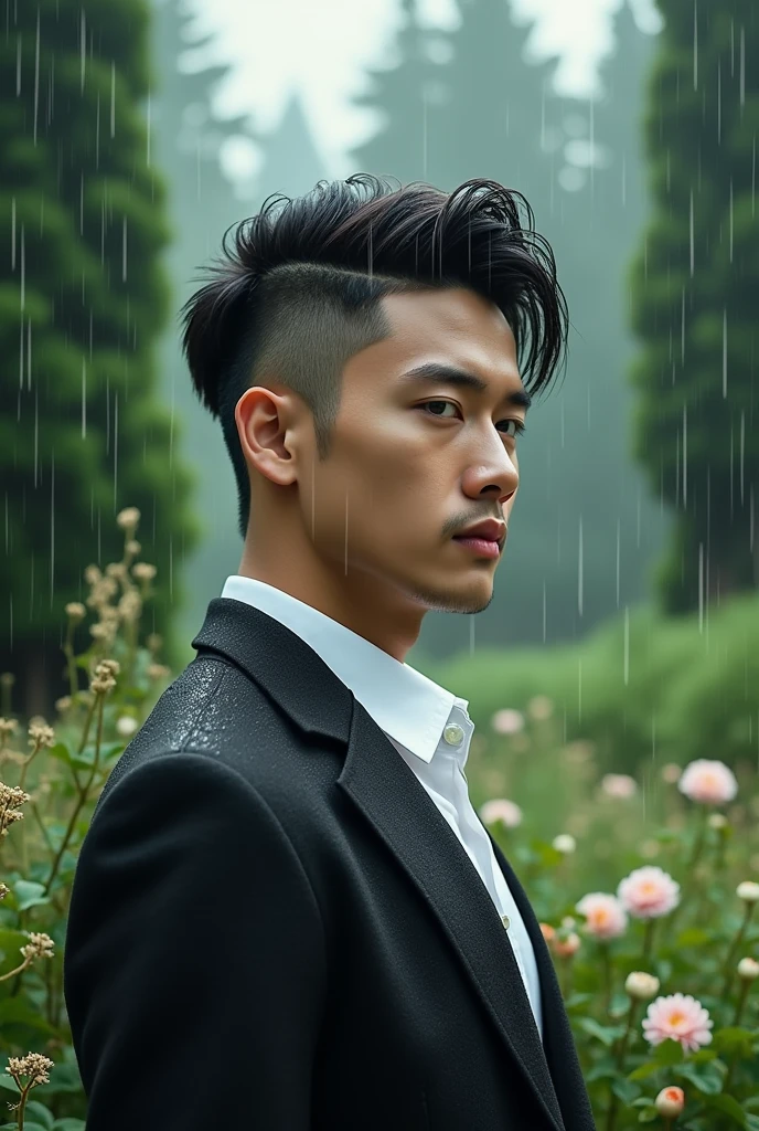 A man one side hair style 4k, white shirt with black coat background 4k tree and flowers rain