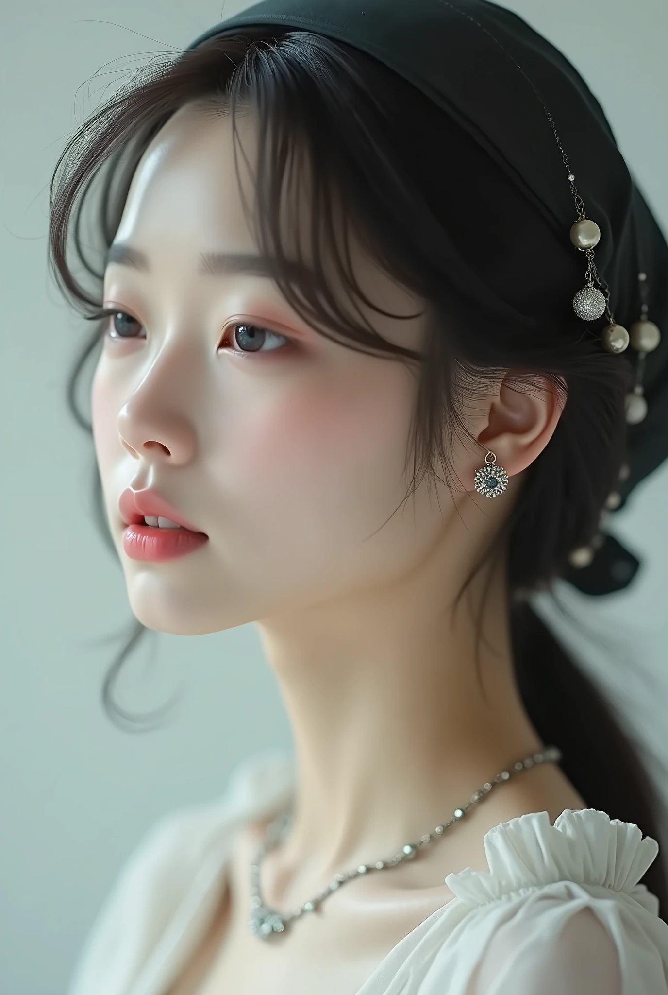 Japanese girl, glowing face, white skin, pink lips, slightly visible teeth, holding face facing right 45 degrees, right ear and neck visible, wearing white gold necklace, sturdy body, weight 60 kg, height 165 cm, chest size 36D, wearing hijab, large chest