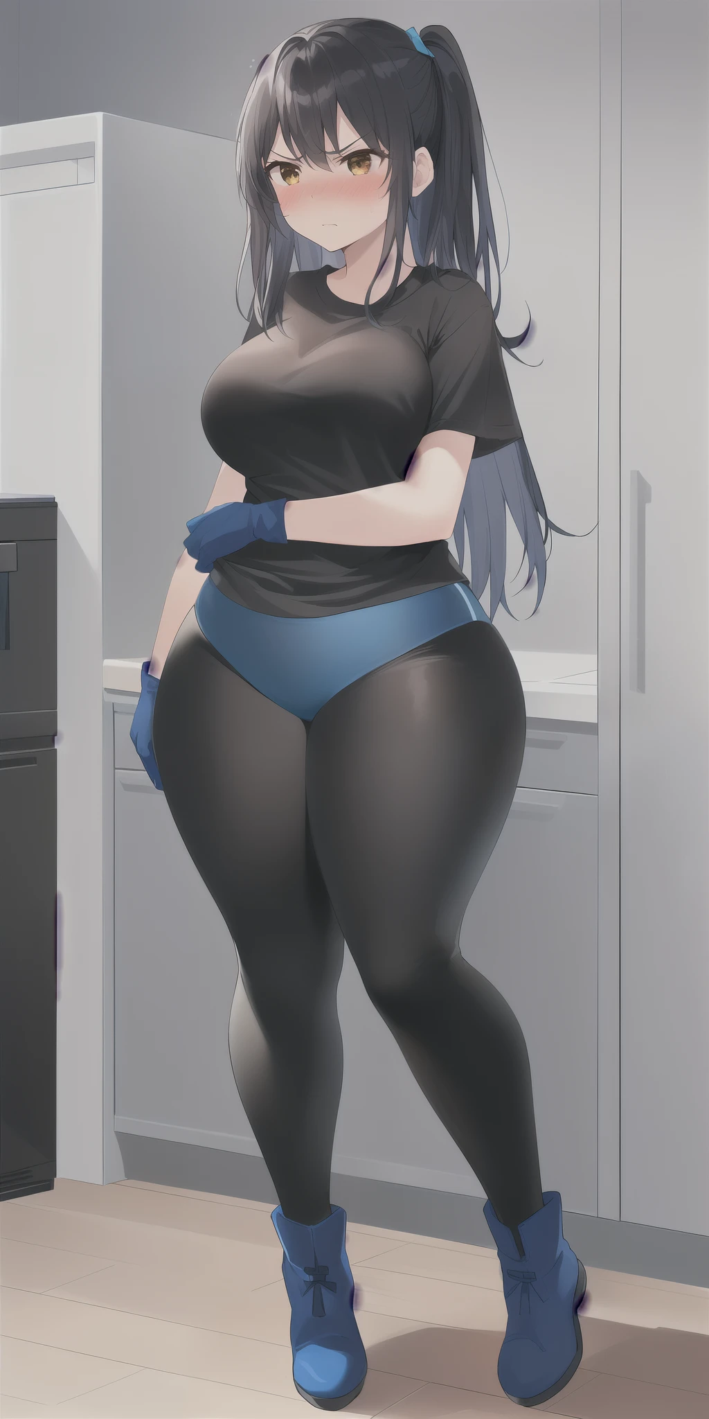1 girl, black hair, in kitchen, with black t-shirt, black legging, blue gloves, blue underwear on the outside the black legging, blue knees high boots, medium breast, voluptuous, Angry, Confused, red cheeks, embarrassed, full body view