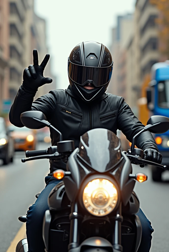 image of a motorcyclist wearing a helmet with an open visor, he is facing forward making the positive sign with his hand. in the background there is a street with several cars and buildings.