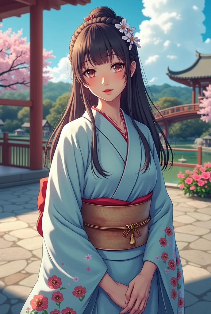 (masterpiece、Highest quality、8k、High resolution)、Traditional Japanese beauty in kimono、The best girl in anime、Floral pattern on white background、Vibrant colors、Japanese garden、There is a pond、Colorful flowers、Vibrant colors、Cherry Blossom、There is a drum bridge、A complete portrayal、Detailed anime art、