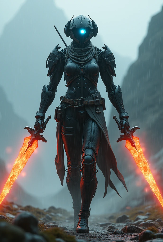 Fog on the mountain, rain ,large robotic ,black head, flame dual sword, cyclops eye, cyberpunk, armour dark,have iron wing,have jet-pack engine ,magic power