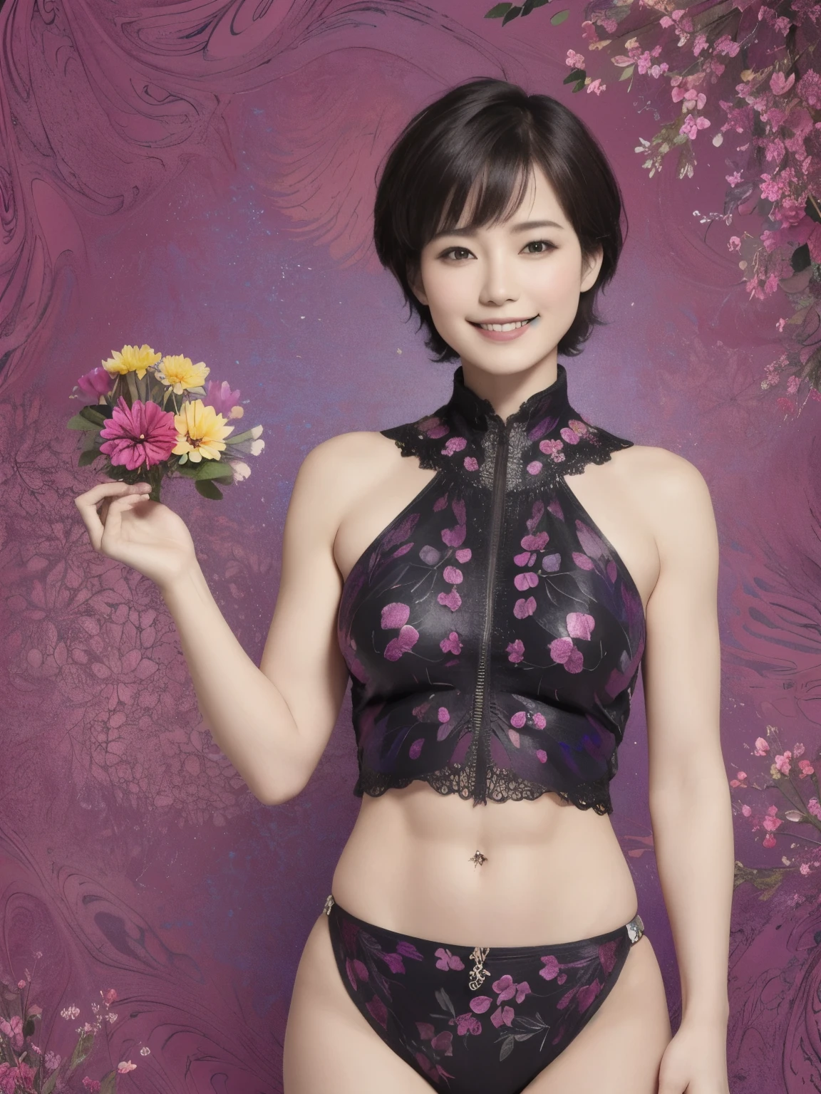 274 (20-year-old woman,short hair), (beautiful:1.2), (Fractal Art:1.1), (flower:1.3), whole body, (Abstract background:1.3), (Many colors:1.4), (Old-fashioned smile), (Abdominal muscles), (Wave:1.1)