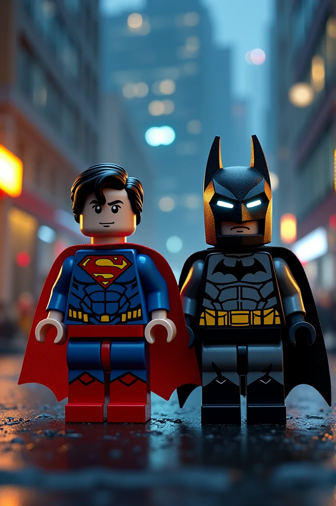 Superman and Batman in lego art, night
