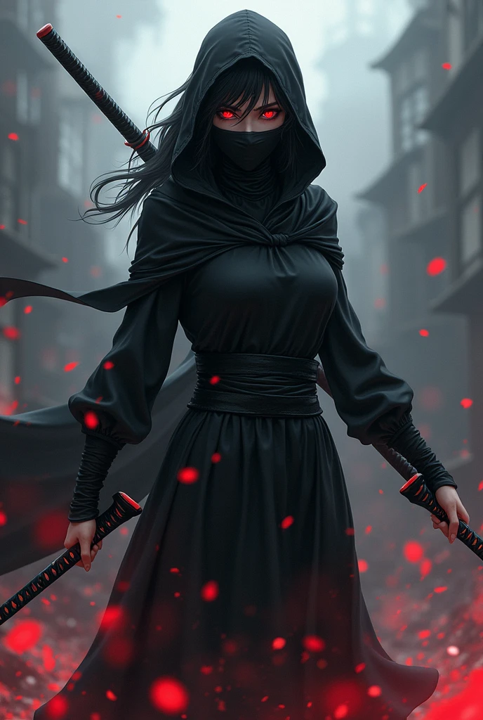black clothing ,estilo アニメ,hood hiding the hair, black mask in the mouth,Woman, slim, using katana,Eyes red ,アニメ, fighting people and killing enemies