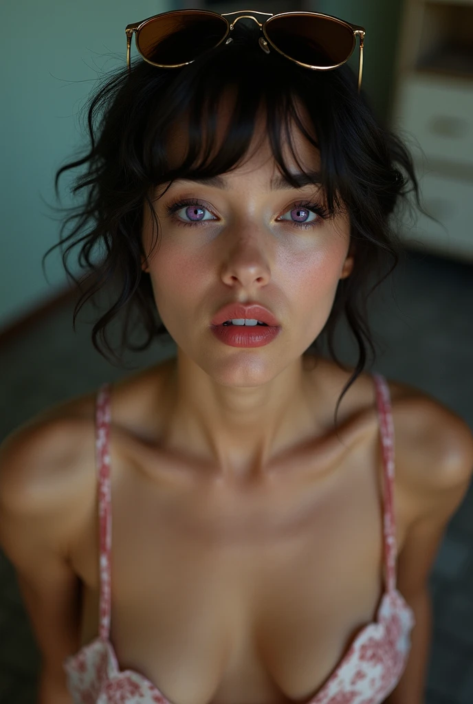 (Raw photo:1.2), (Photorealistic), Beautiful detailed girl, Very detailed eyes and face, Beautiful detailed eyes, Huge file size, High resolution, Very detailed, Best Quality, [masterpiece:1.6], Very detailed, Fine detail, Best Quality, 32K Wallpaper, intricate details, in the bedroom, beautiful young 18 year old girl, short height, messy hair, large heavy breast, low cut tanga and bra, full body photo,

