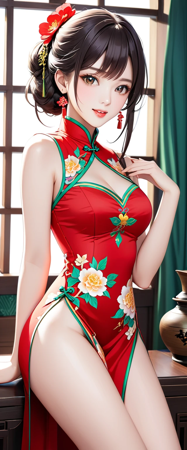 high resolution, Adult women ,Long hair shawl， Good lighting, despicable, , (no nudity), (((cheongsam))), (()), ((())),(),  ,  Cute face, I&#39; ((Looking Back))，