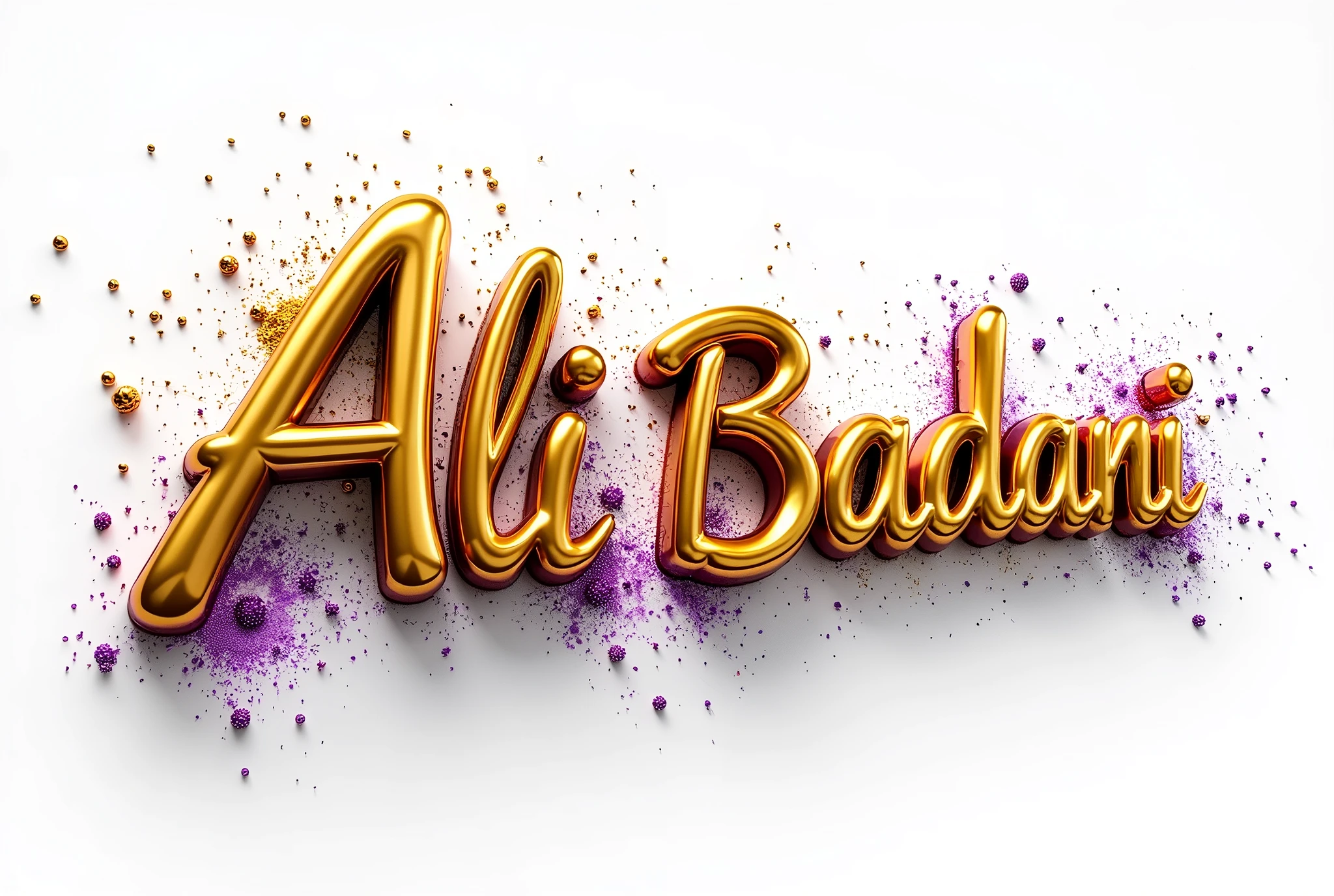 Liquid 3D ALI BADANI : Shiny Gold And Purple with Color Splash Texture on a WHITE BACKGROUND