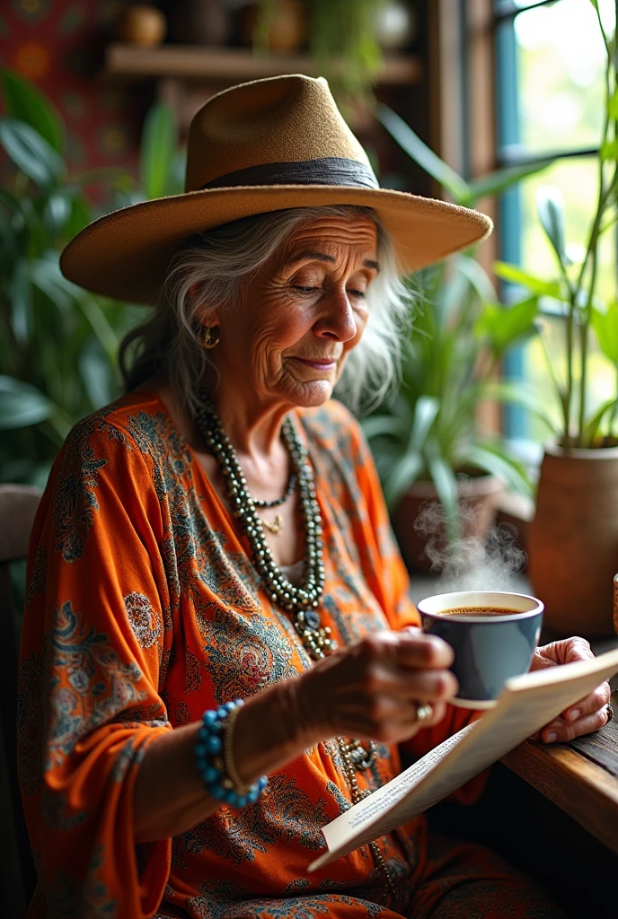 67 year old Mexican lady, hippie/ bohemia. Read the horoscope and drink coffee