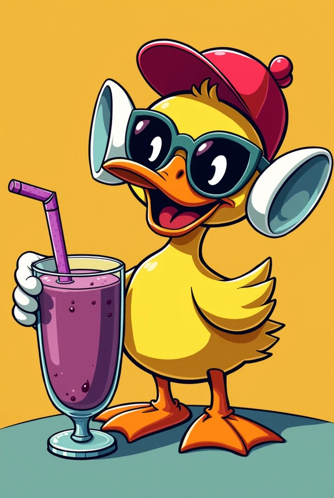 yellow duck with a cap, sunglasses and a glass of açaí in hand,in the style of the Cuphead game cartoons,more 2d 60&#39;s style
