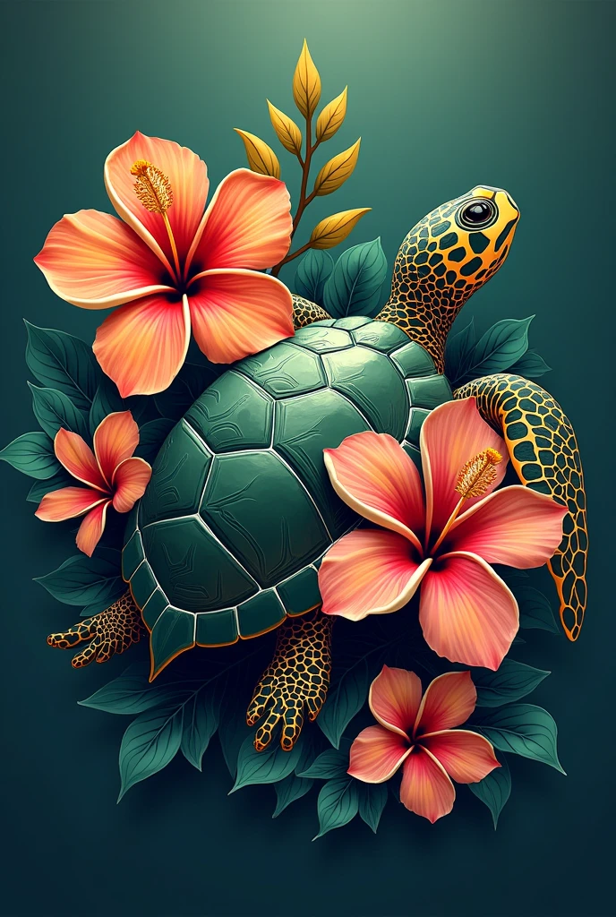 Combination of turtle, frangipani and hibiscus for a logo