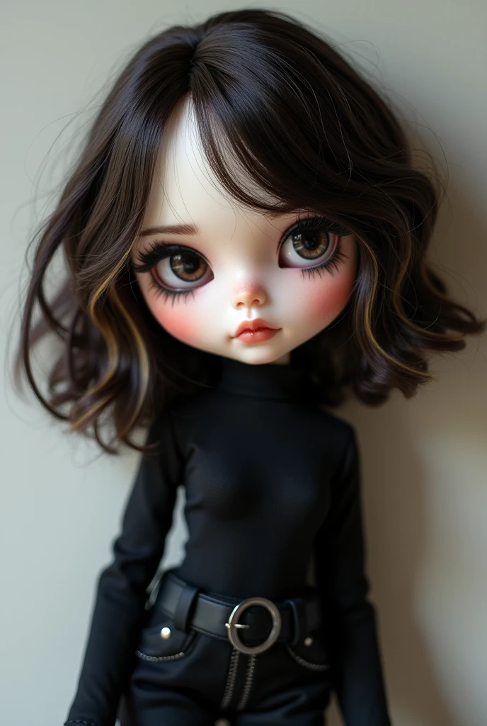 Make me an alternative pale blythe doll with medium wavy dark brown hair with blonde streaks in front, dark brown eyes, black eye shadow, black outline, and black clothes