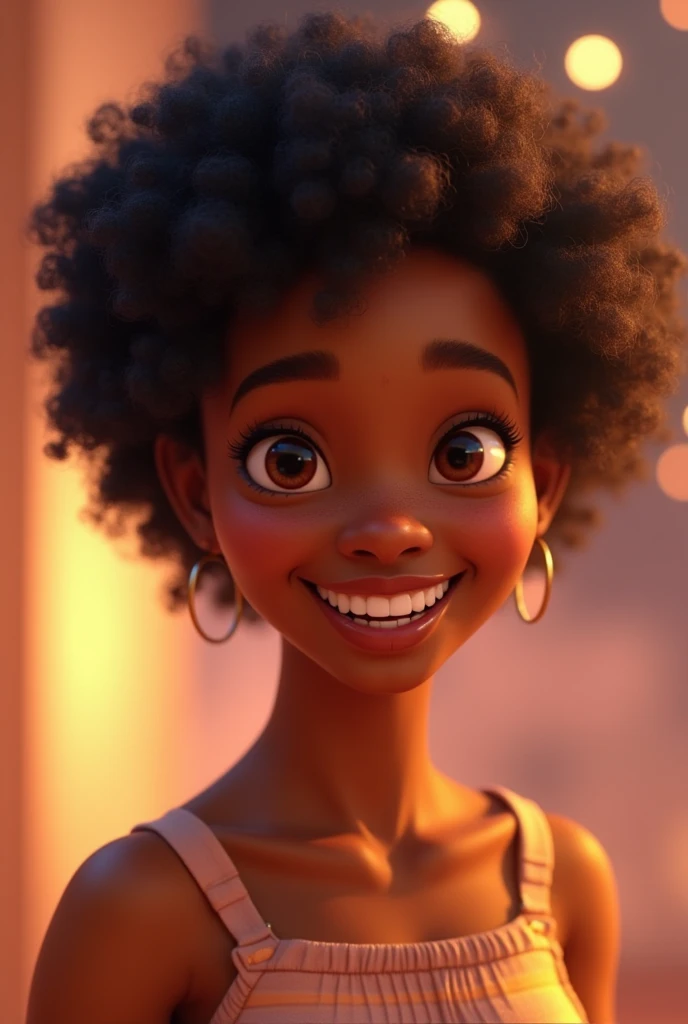 Black skin woman , flat hair, happy face , Disney pixar