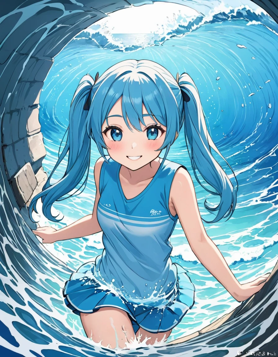Light blue long hair、Beautiful girl with twin tails、The ocean water runs through a tunnel of seawater that has been stirred up.、smile、Splash Art、Face Highlights