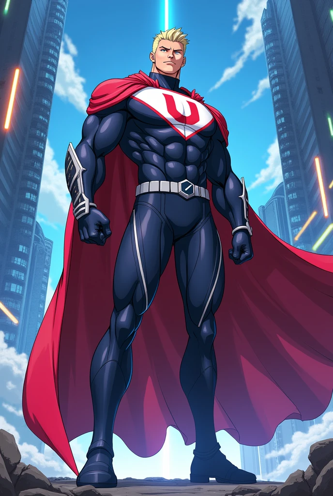 Create for me a hero with anime uniform man with cape put a u symbol on his chest u