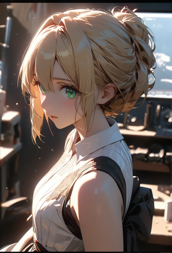  (blond hair, chignon hair, light green eyes, sleeveless shirt white, black skirt, garter stockings) 1 woman, hair up, happy, tired, high detail, violet evergarden hair, conceptual art, super detail, high details, high quality, best quality, green eyes, blonde hair, pretty, tall, emotionless, ((femenine)), ((male face)), handsome, solo, looking at viewer, light, 1girl, 4k quality,cinematic lighting, ray tracing, depth of field, cinematic lighting, ray tracing, UHD, high details, best quality, highres, high quality, award winning, super detail, masterpiece, 8k, UHD, high details, best quality, highres, high quality, award winning, super detail, masterpiece, 8k, digital art, anime coloring, full body, body shot, good face, perfect face, detailed face, good eyes, lab background, science lab,