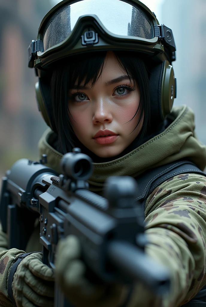 high quality, 8K Ultra HD, beautiful Caucasian woman, black hair, silver eyes, multicam clothing, pulse rifle, wearing helmet, 