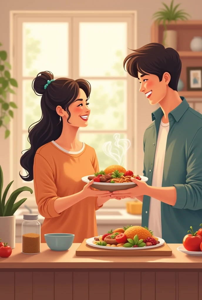 Create a logo of a wife of 11 years for her husband after he comes home from work, happy and the food is delicious.