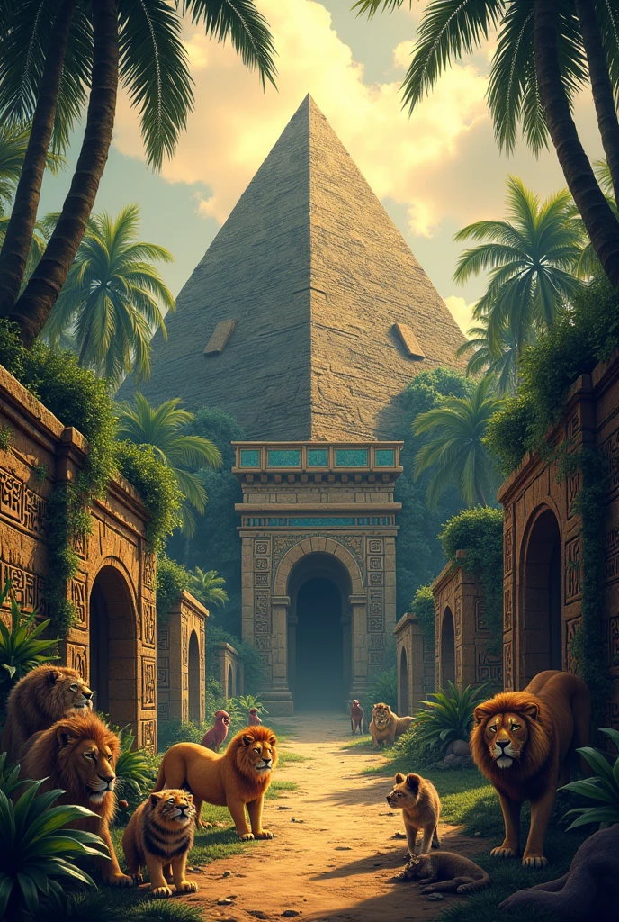 A zoo of jungle animals around a pyramid and around tombs of human corpses