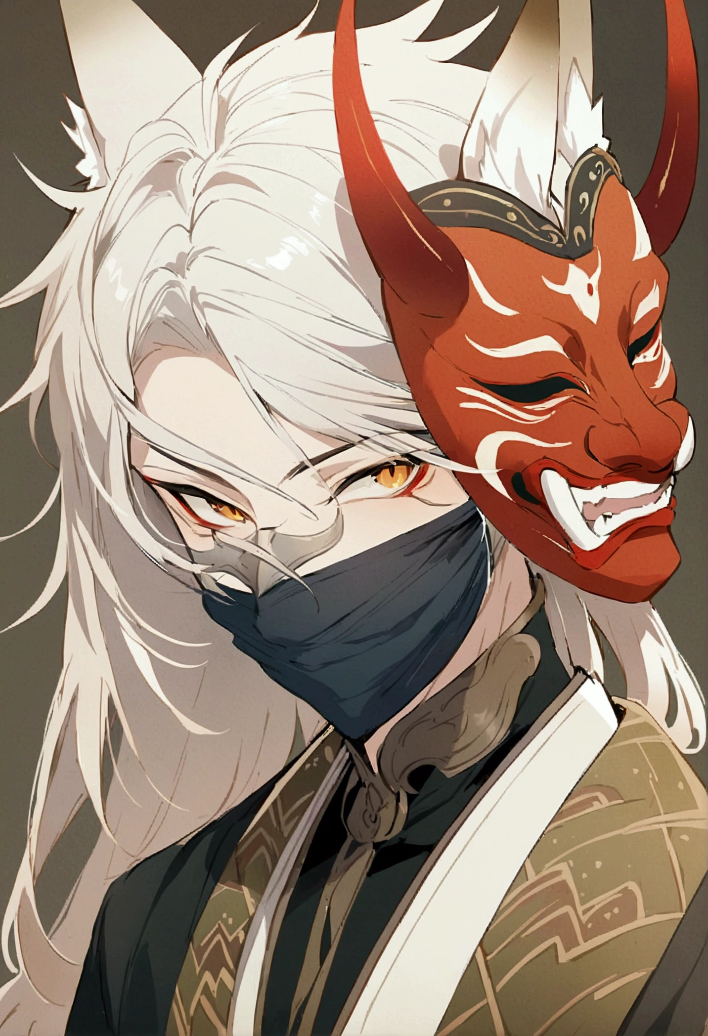 anime male, masculine, 1 guy, fox ears, white hair, mit einer ONI-Maske, masterpiece, illustration, chinsese traditional style, face covered, masked, oni mask