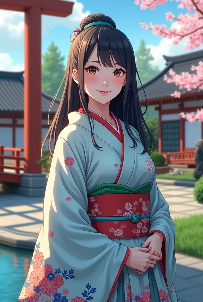 (masterpiece、Highest quality、8k、High resolution)、Traditional Japanese beauty in kimono、The best girl in anime、Floral pattern on white background、Vibrant colors、Japanese garden、There is a pond、Colorful flowers、Vibrant colors、Cherry Blossom、There is a drum bridge、A complete portrayal、Detailed anime art、