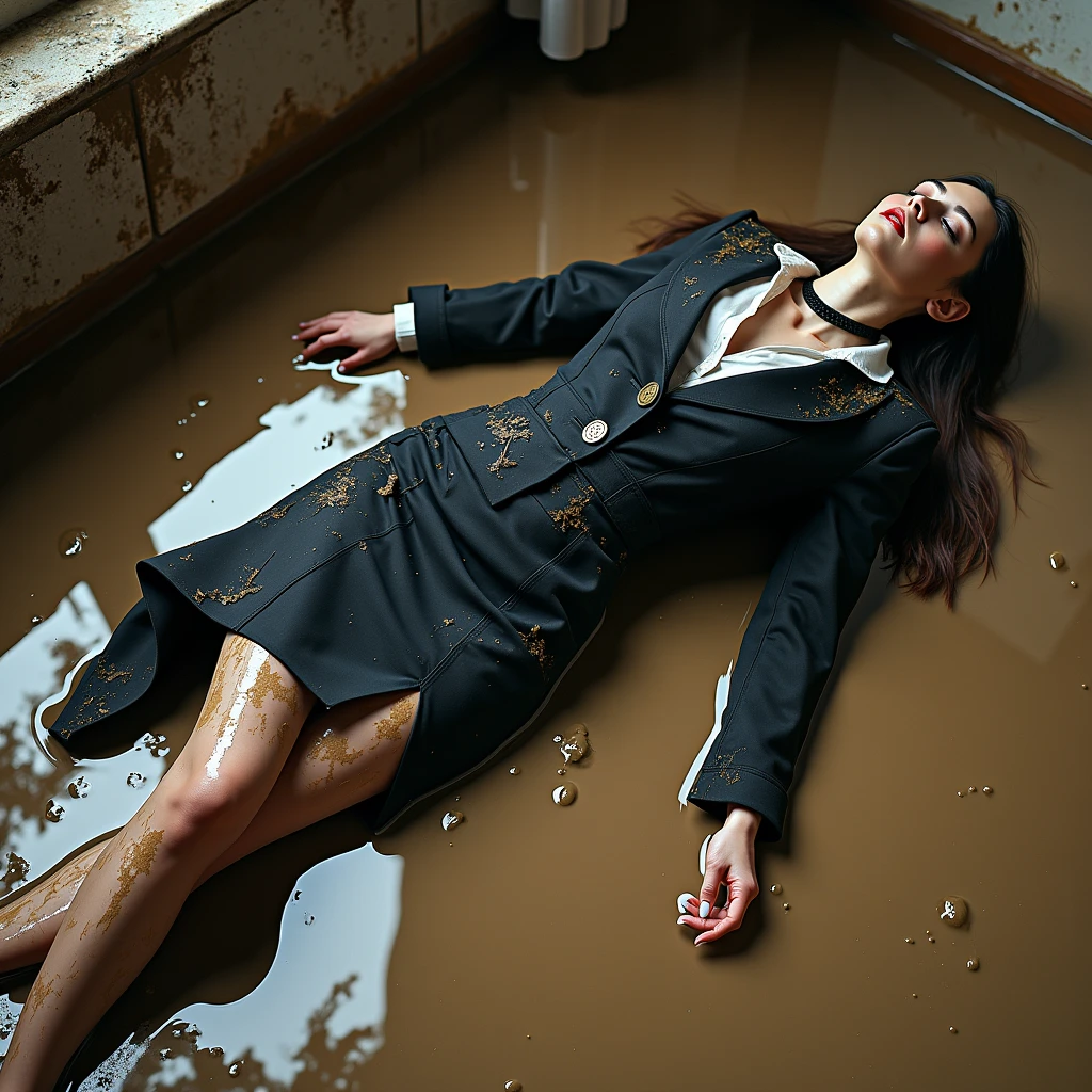 A realistic photo of one slender business goth lady, model-like appearance with long hair. She is dressed in long black business pencil skirt(very torn and very tired and very ripped and muddy, dirty) made from cotton fabric, black business jacket(torn, muddy, dirty) made from cotton and wool fabric. black business vest, white muddy shirt, stockings, black choker on the neck. She located in very muddy and very flooded office. She lie on backs leaning on her elbows deep in dirty water and liquid mud, she smears a lot of liquid mud on her black business pencil skirt, jacket, vest, shirt, stockings, face, hair from head to toe. Her skirt and jacket extremely stained and covered with liquid mud, dirt and streaks from it, which has flows down from her jacket, shirt to her skirt, creating a messy and sloppy appearance. The light brilliantly illuminates all her clothes in details, casting small shadows and emphasizing the texture of the liquid mud on her clothes. View angle of the camera from top and rotated in different angle from the business lady.