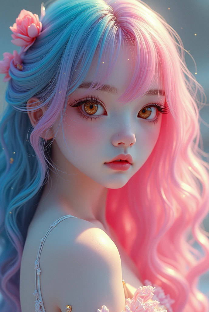 (Japanese girl:1.3), beautiful detailed eyes, beautiful detailed lips, extremely detailed eyes and face, long eyelashes, upper body, from side, looking at viewer, (fractal art:1.3), (rainbow color hair, colorful hair, half blue and half pink hair:1.2), water, liquid, cloud, colorful, starry, stars, (best quality, 4k, 8k, highres, masterpiece:1.2), ultra-detailed, (realistic, photorealistic, photo-realistic:1.37), vibrant colors, studio lighting, extremely detailed description, professional, concept art, surreal, 1920s french vibe, monochromatic gold and pink palette, in the style of french illustrator moebius, gold elements, (Chinese illustration:1.3，Paper Art:1.3, キルティングPaper Art:1.2),( Streamlined Design, Clear lines, High sharpness,Better Quality, Very detailed, Master Parts, Film Light Effect, 4K ) Illustration design, porcelain doll skin, beautiful detailed eyes, beautiful detailed lips, extremely detailed gold eyes and face, long eyelashes, upper body, from side, looking at viewer, (fractal art:1.3), (pink hair:1.2), water, liquid, cloud, colorful, starry, stars, (best quality, 4k, 8k, highres, masterpiece:1.2), ultra-detailed, (realistic, photorealistic, photo-realistic:1.37), vibrant colors, studio lighting, extremely detailed description, professional, concept art, surreal, 1920s french vibe, monochromatic gold and pink palette, in the style of french illustrator moebius, gold elements,