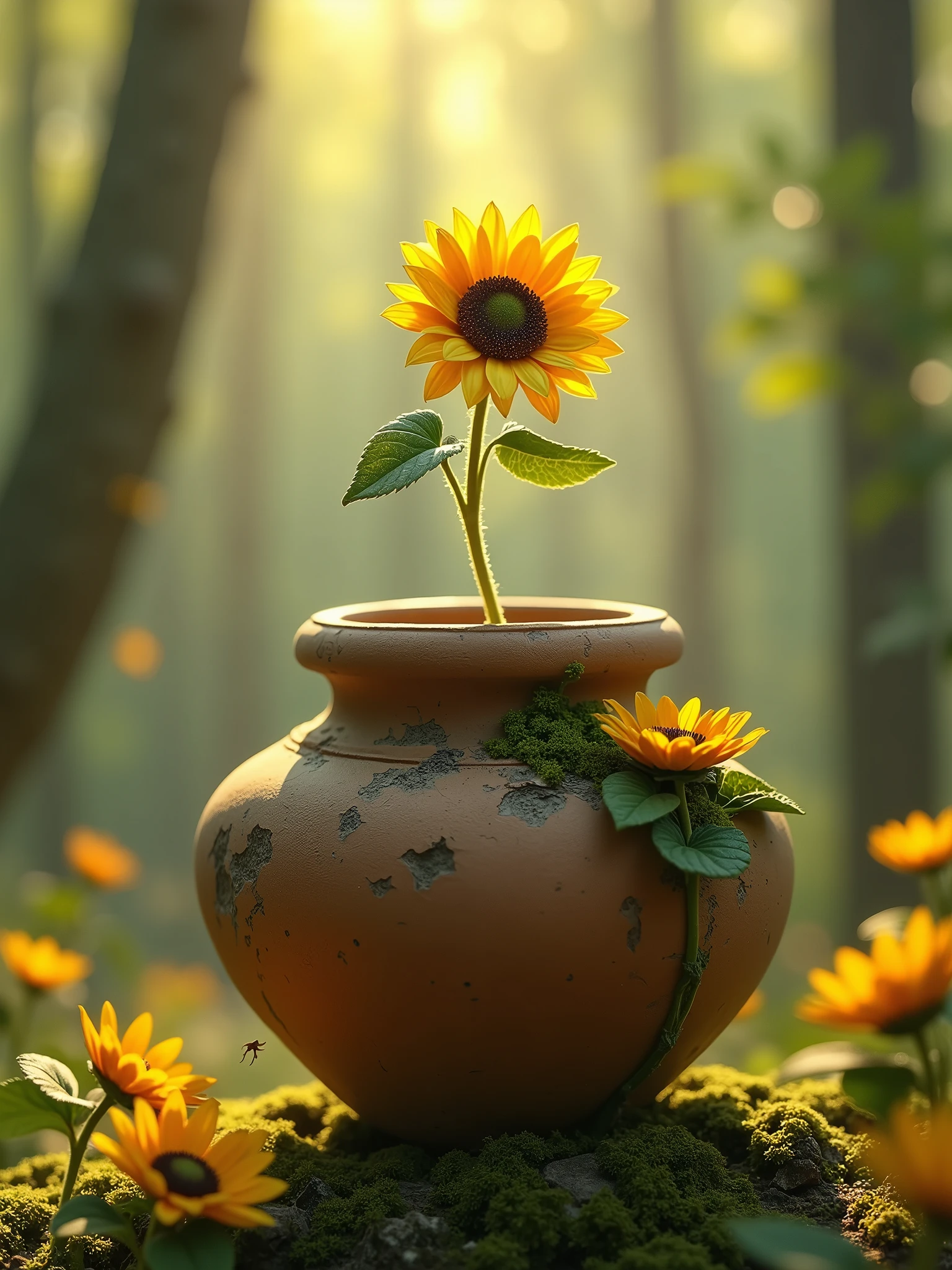 A whimsical miniature figure of a sunflower, delicately arranged, dances grandly on the edge of a worn, moss-covered terra cotta vase. It is set against a backdrop of vibrant, lush forest, where sunlight filtering through the canopy above casts intricate shadows. The scene has an ethereal aesthetic with warm, earthy tones of Sienna, amber and olive, accented by hints of emerald and golden light, evoking a sense of wonder and enchantment as if taken from a realm.