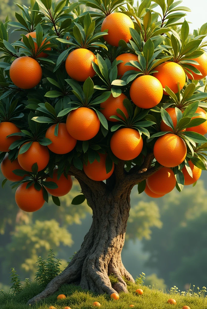 Orange tree, with large, exposed oranges, realisitic.