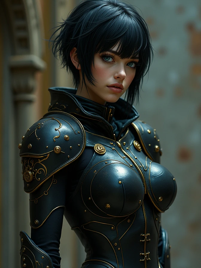 full body shot of one Beautiful woman. Dark brown hair, pixie haircut. blue eyes. daring outfit. goth tomboy. maidenly charm. space rogue assassin. Knightly cyber armor. golden accessories. Dark sci-fi. Warhammer 40k. Dieselpunk. baroque oil painting.