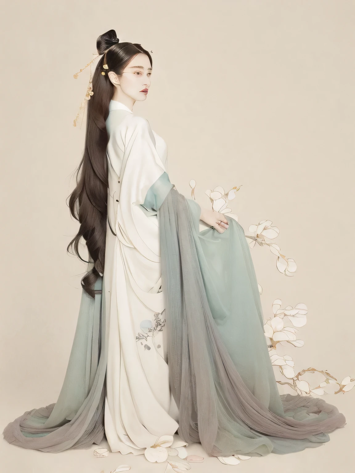 (1 Girl:1.4),Solitary, Gorgeous, Extremely detailed,(Joshua Middleton Comic Cover Art:1.1), (action:1.2),(Concretism:1.2),(Hyperpolarization:1.5),rich and colorful,The most detailed,white gray background, White Hanfu, Pastel colors, (masterpiece, Top quality, best quality, Official Art, beautiful and aesthetic:1.2),