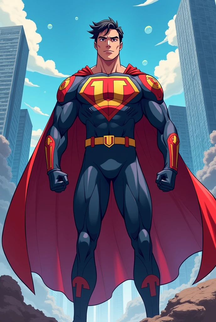 Create for me a hero with anime uniform man with cape put a u symbol on his chest u