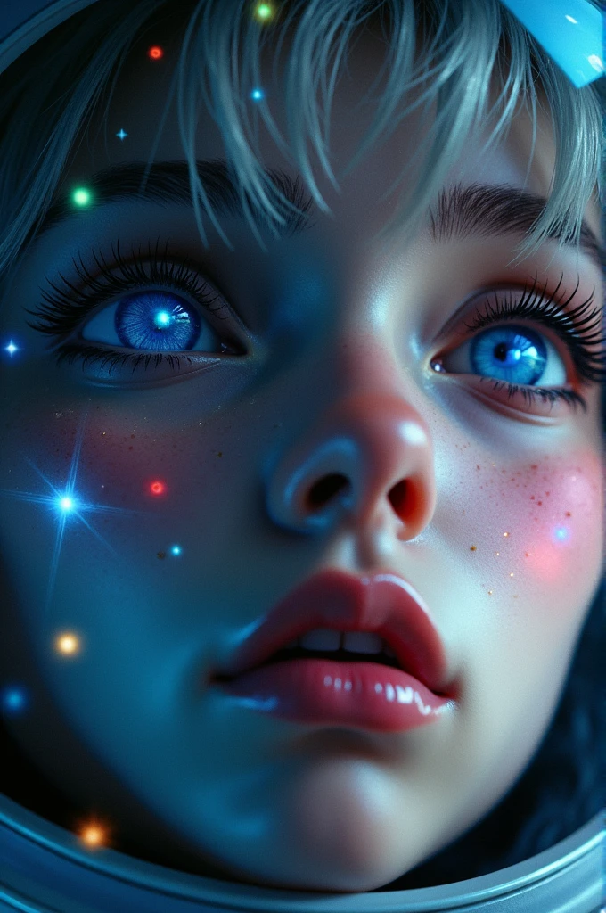 (Close-up of a better masterpiece:1.5)0.9], (Space and astronauts:1.2) (Messy silver hair:1.1) (Heterochromia xanthochromia and blue eyes:1.2) (Space Helmet:1.0) (Colored stars in the eyes:1.0) (A radiant glow:1.1) (thick lips:0.9)