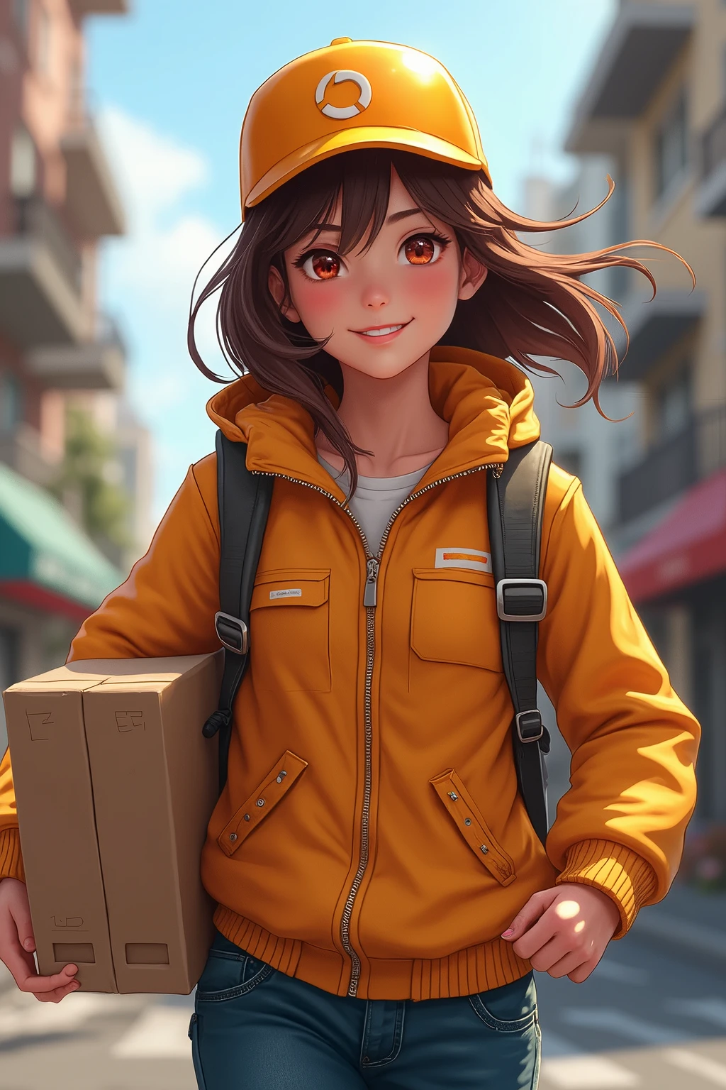 One light cargo delivery person, High resolution, smile, Shortcuts, Brown Hair, Red eyes,