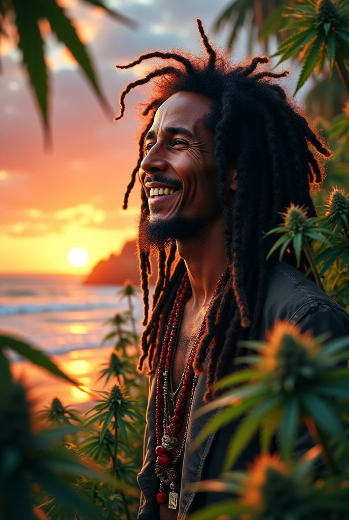 (((masterpiece, Highest quality, High resolution, Attention to detail)))),bob marley,It grows,lion,ganja,marijuana,buds,sunsetbeach,