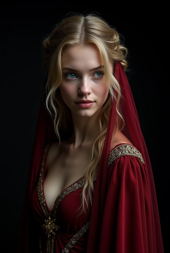 Photorealism、(black background!!!!!), Highest quality、Ultra-high resolution、The most beautiful lord of the rings young!!!!! 18!!!! year old arwen、(very extremely!!!!!! beautiful!!!!!!! highly detailed 18!!!!!!! year old young face)、medium size Breasts、thin .(Translucent white!!!!! skin!!!!!). german!!!!!, Big bright blue eyes. brown hair. (frontal shot!!!!!), (she is looking down!!!!), (body half in shadow!!!!!!). ( beautiful detailed elf dark!!!!!_red!!!!! gown!!!!! with golden details). (beautiful detailed dark!!!!!_red!!!! veil!!!!!! over head with golden details and lots of folds!!!), (bright topdown!!!!!! light!!!!!), (dark shades!!!!!!), contrapposto!!!!!!!!!!!!!!!!!, (receding into the dark!!!!!!!!!!!!)