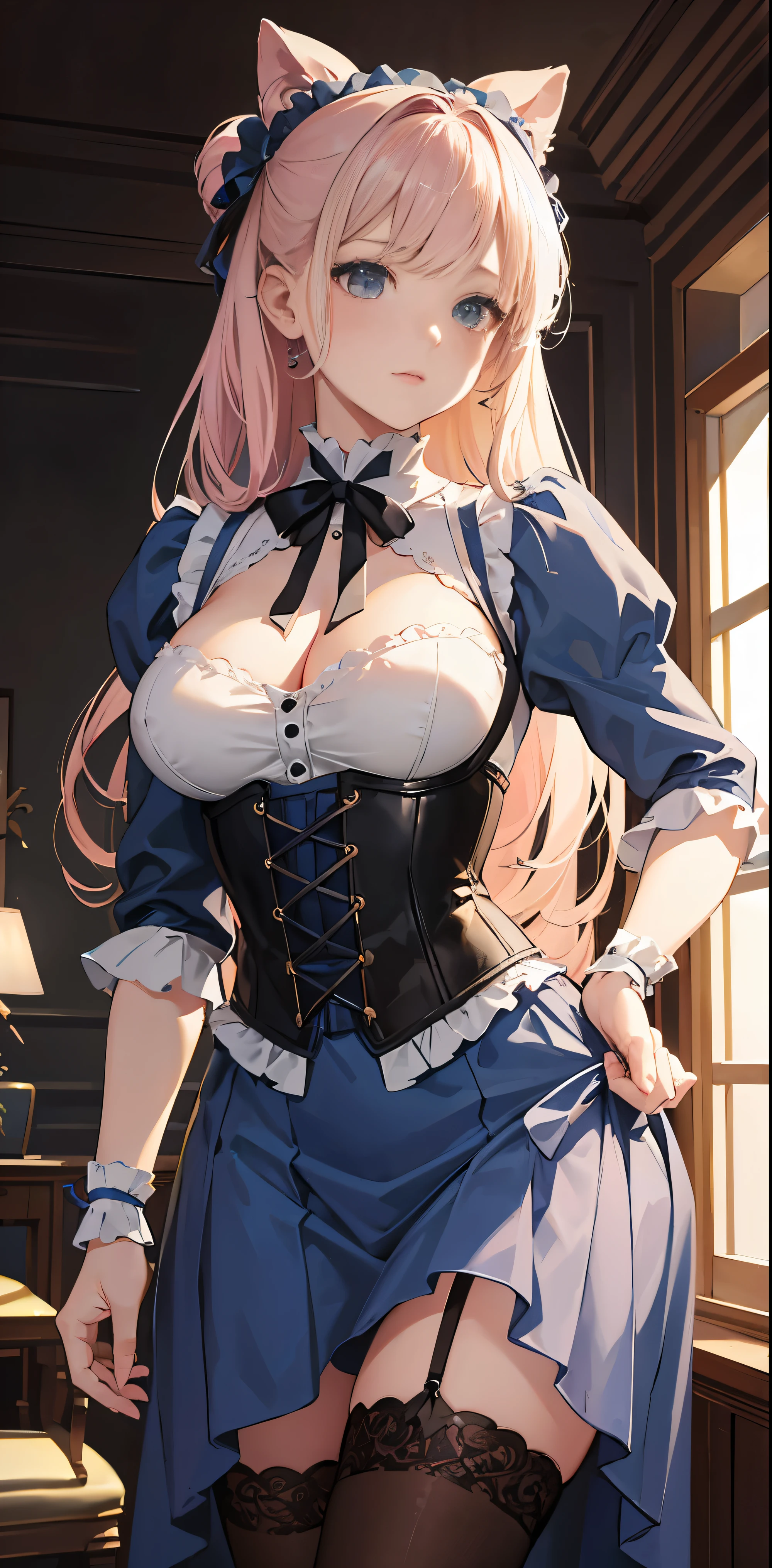 Realistic, (Artwork:1.4, Highest quality), (Details Complexity), unity wallpaper 8k, ultra Detailed, (pastel colour:1.3), (race) Underwear and Corset, beautifully、aesthetic, 1 person, Detailed, Independent, Victorian Mansion, other, other, Sexy, Big, Show off your breasts