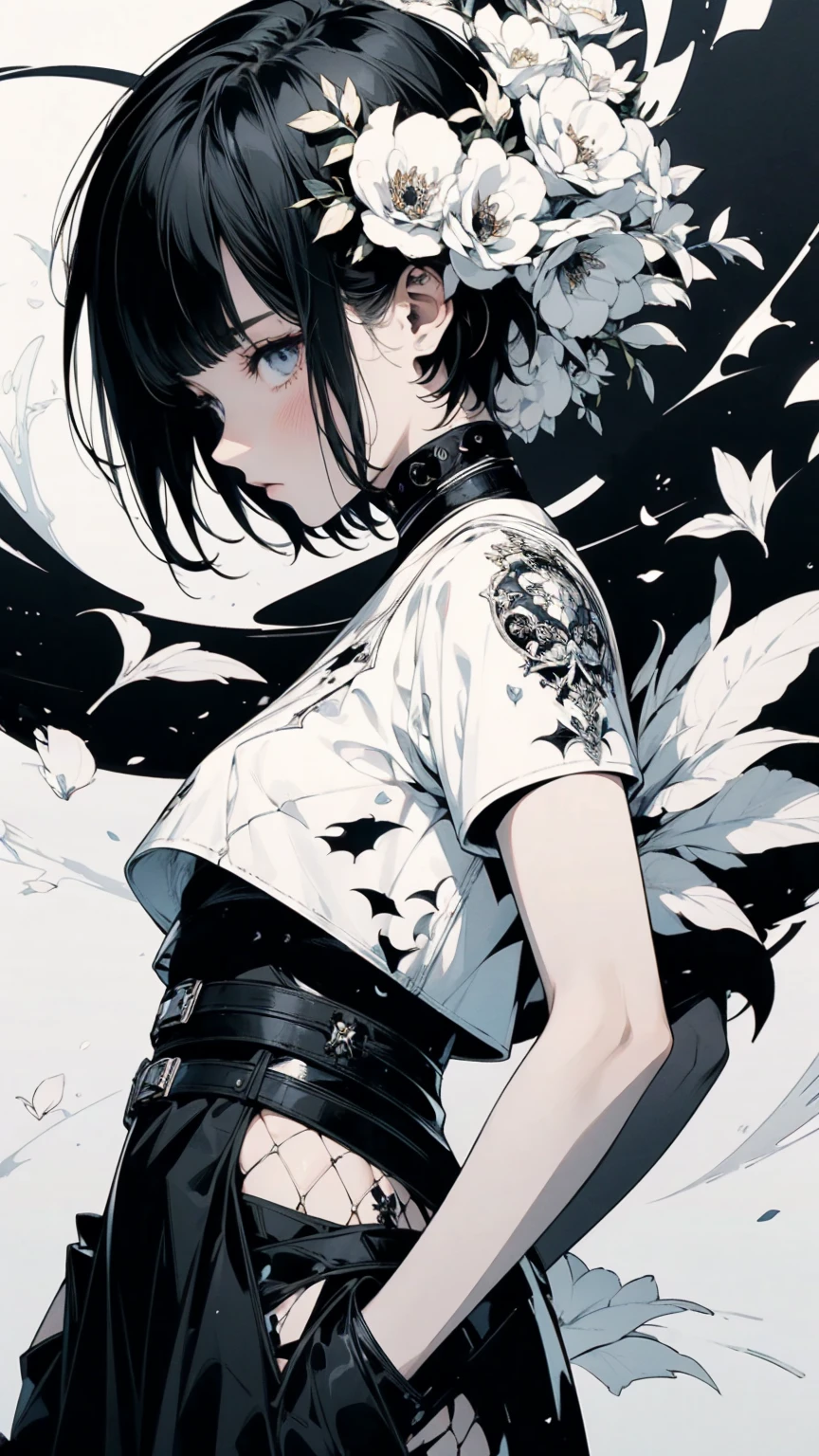 Angle from below, woman with hands in pockets, Asymmetrical Short Hair, White Y-shirt and black leather pants combination, Collage with petals, abstract design, White background, Anime Style, Digital Painting, (masterpiece, High resolution, Highest quality)
