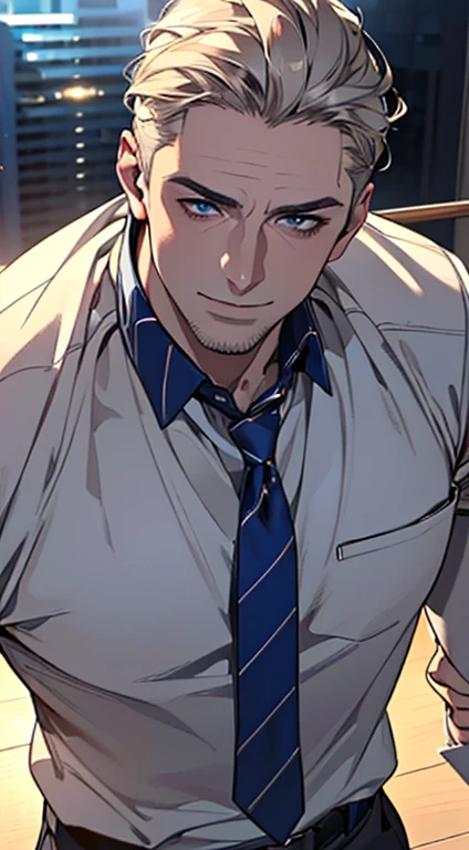 (best quality,4k,8k,highres,masterpiece:1.2),ultra-detailed,(realistic,photorealistic,photo-realistic:1.37),1 man,3,mature man,very handsome,without expression,smile,short grey golden hair,blue eyes,penetrating gaze,perfect face without errors,imposing posture,businessman,office background,cinematic lighting,hdr image