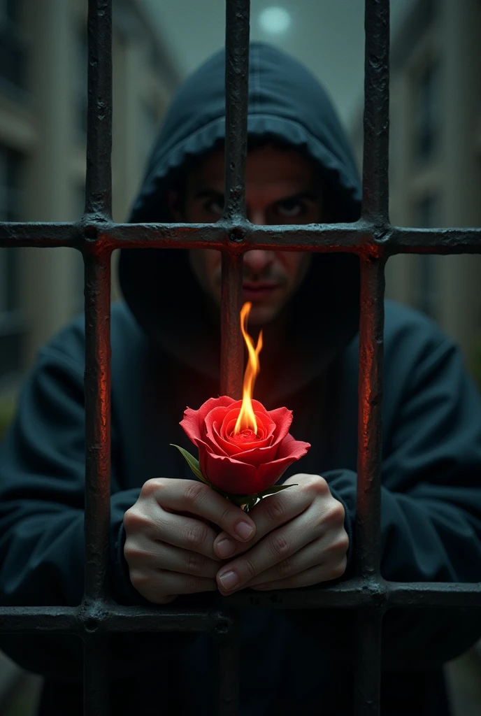 A mysterious-faced prisoner hiding inside a barred cell amidst the shadows, holding a red rose in the center on fire.