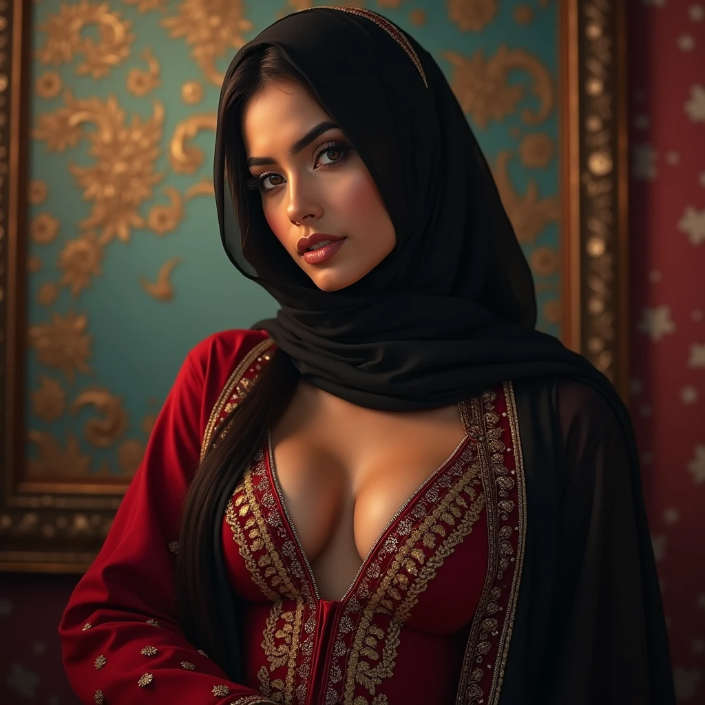 a beautiful hijabi girl in traditional pakistani clothing, wearing a revealing top that shows her navel, (best quality,4k,8k,highres,masterpiece:1.2),ultra-detailed,(realistic,photorealistic,photo-realistic:1.37),detailed face,beautiful detailed eyes,beautiful detailed lips,extremely detailed eyes and face,longeyelashes,exotic beauty,seductive pose,sensual,medium oil painting,dramatic lighting,vivid colors,cinematic composition