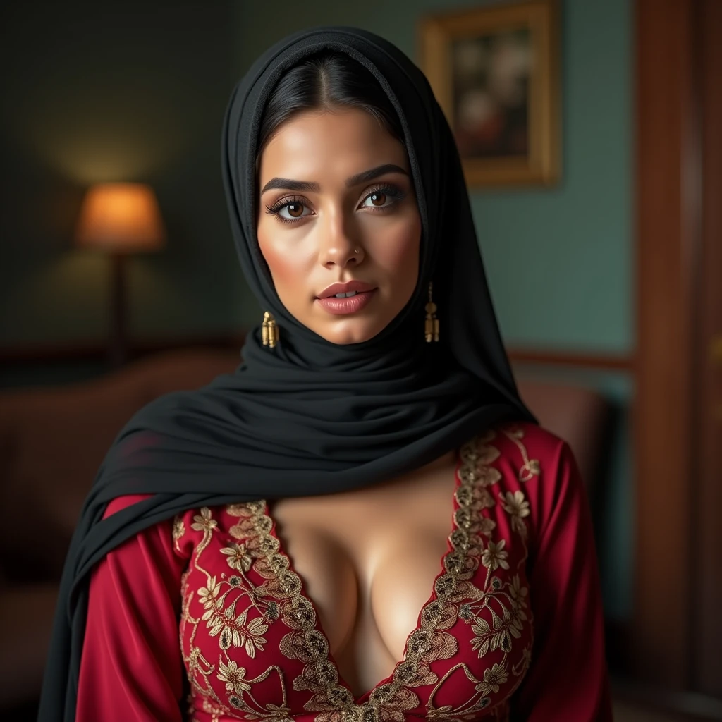 a breathtakingly beautiful Muslim woman from Lebanon, wearing a dark red hijab, naked, cleavage, big buttock, perfect symmetric eyes, hyper realistic skin texture, realistic, award-winning photograph, rim ambient lighting, 8k, dslr, soft lighting, high quality, film grain, Fujifilm XT3