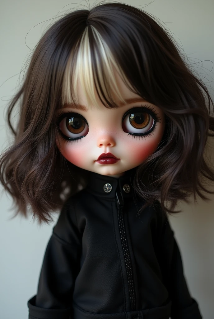 Make me an alternative pale blythe doll with medium wavy dark brown hair with blonde streaks in front, dark brown eyes, black eye shadow, black outline, and black clothes, very dark red lipstick
