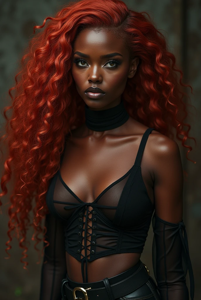 Mulher Arafed work of art, better qualidade, 1 goth girl, thicc thighs, Underwear, knickers, booties, waist belt, high-heels, transparentes, black knickers, garter-ribbons, leathery, waist belt booties, long transparent skirts, top cut, sexy goth, hair is red extremely curly, red ruby detail:1, cabelo ruivo detailded, well-defined and voluminous red curls, full and dense. Your hair is long. Pose sexy, beautiful young dark skinned black woman, Brazilian mixed-race black, beautiful afro-latina girl in her 30s, beautiful african and latin woman, a unique blend of indigenous ebony, African and European. Mulher Brunetette de olhos verdes, retrato altamente detailded, realisitic, photorealisitic, lindos olhos detaildeds, olhos extremamente detaildeds, long eyelashes, details Intricate, (better, verde realisitic de alta detalhamento olhos) extremely beautiful green eyes, muito detailded, olhos verdes detaildeds, (eyeliner, long eyelashes). Perfect, thick eyebrows. the nose is small and proportional, The face is beautiful. Attractive and irresistible mouth, Well-defined lips, fleshy lips, voluminous lips, seductive lips. the face is oval, with high cheekbones and a well-defined chin, um rosto bonito e detailded. professional make up. darkskin, Brunetette, ((better qualidade)), ((work of art)), (detailded), face perfect, rosto detailded, skin natural, hyper detail, cinematic lighting, Accurate anatomy, highly detailed (((__skinTones__ skin))), he is perfect and beautiful, perfect skin with super details, high qualiy, mais high qualiy, high resolution, natural skin texture, detailed skin texture, beautiful and glowing skin, details Intricate. The woman has a well-defined and athletic body. Your silhouette is shapely, highlighting her slim waist, Breasts huge, Waist slender, Broad Hips, big-ass, thicc thighs rechonchudas, wide buttocks, visible curves, pronounced hourglass-shaped body. long thick legs. 50mm Lens, f/2.8, HDR, (8k) photo R
