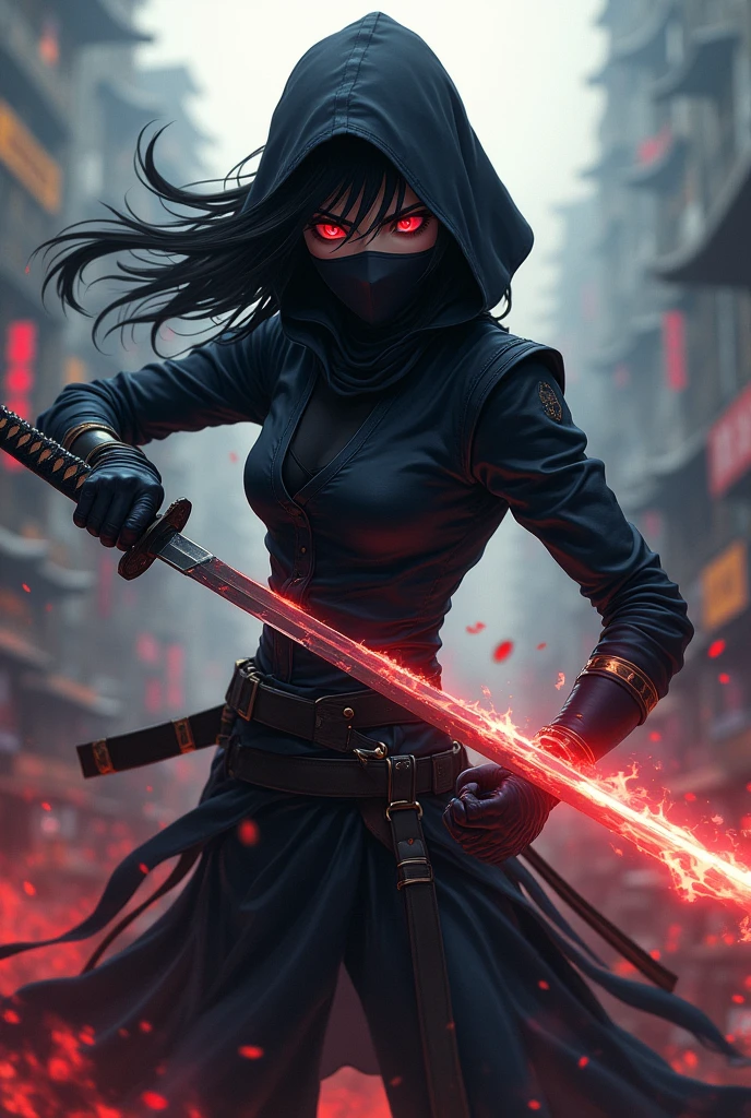 black clothing ,estilo アニメ,hood hiding the hair, black mask in the mouth,Woman, slim, using katana,Eyes red ,アニメ, fighting people and killing enemies and beheading them