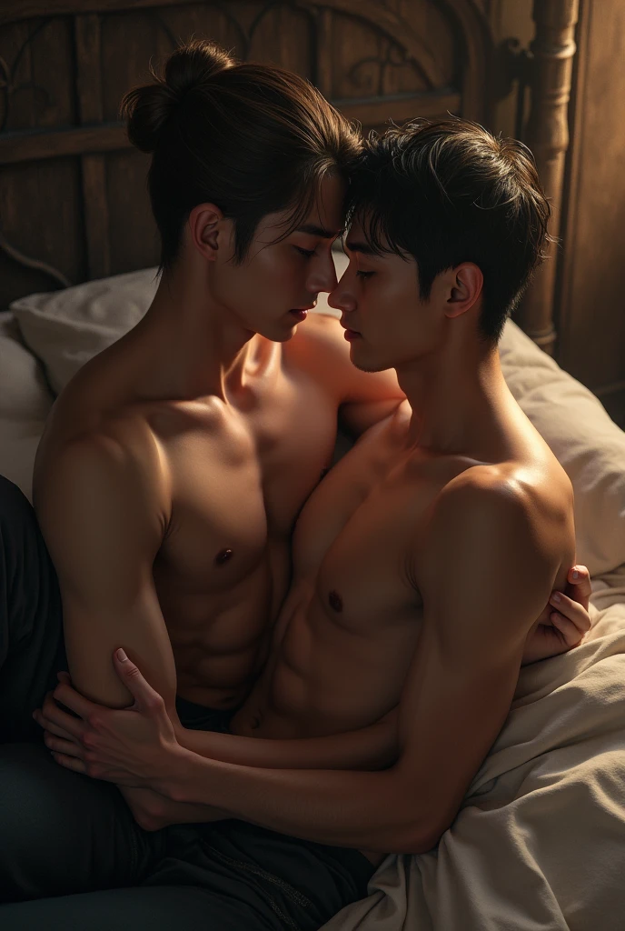 Young Caucasian , Light brown bun hair , big green eyes very handsome tall and thin kissing another boy , medium long straight black hair, black eyes no beard, strong in an old bed, boys and medieval style environment, Guerra dos Tronos