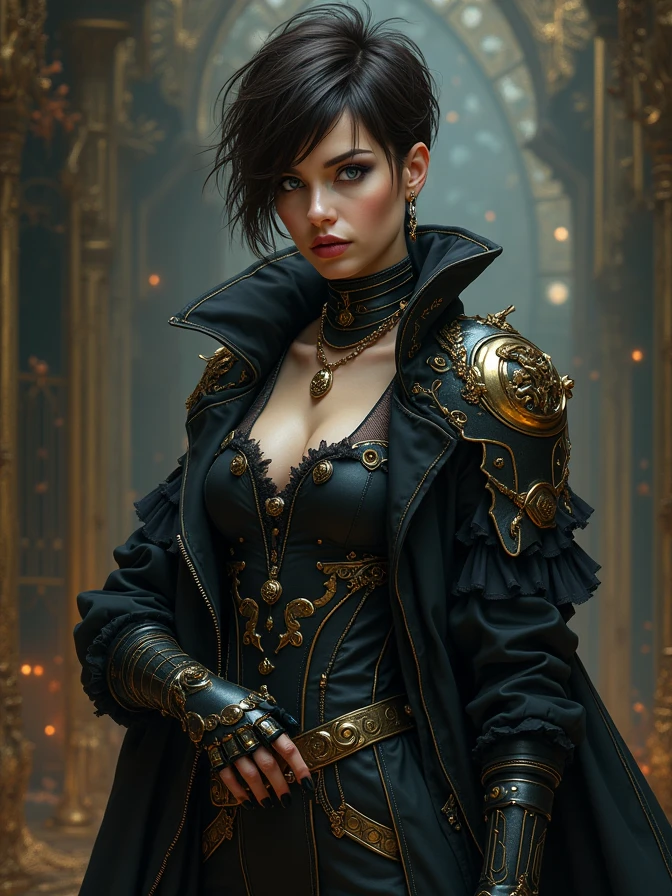 full body shot of one Beautiful woman. Dark brown hair, pixie haircut. blue eyes. daring outfit. goth tomboy. maidenly charm. space rogue assassin. Knightly cyber armor. golden accessories. frilly trenchcoat. Dark sci-fi. Warhammer 40k. Dieselpunk. baroque oil painting.