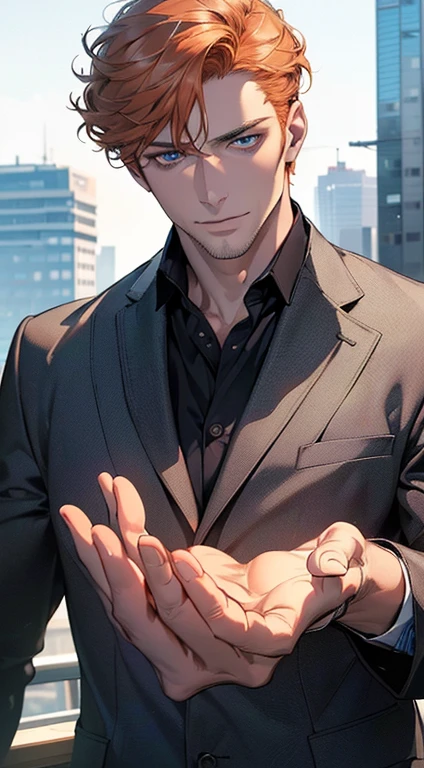 (best quality,4k,8k,highres,masterpiece:1.2),ultra-detailed,(realistic,photorealistic,photo-realistic:1.37),1 man,3,mature man,very handsome,without expression,smile,short grey b
Orange hair,blue eyes,penetrating gaze,perfect face without errors,imposing posture,businessman,office background,cinematic lighting,hdr image
