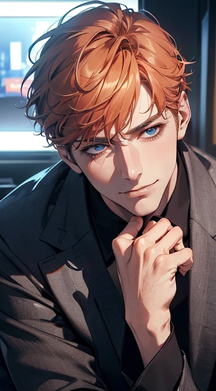 (best quality,4k,8k,highres,masterpiece:1.2),ultra-detailed,(realistic,photorealistic,photo-realistic:1.37),1 man,3,mature man,very handsome,without expression,smile,short grey b
Orange hair,blue eyes,penetrating gaze,perfect face without errors,imposing posture,businessman,office background,cinematic lighting,hdr image