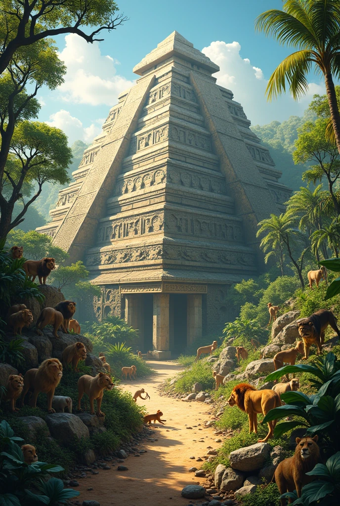 A zoo of many jungle animals around a pyramid and beneath them tombs of human corpses